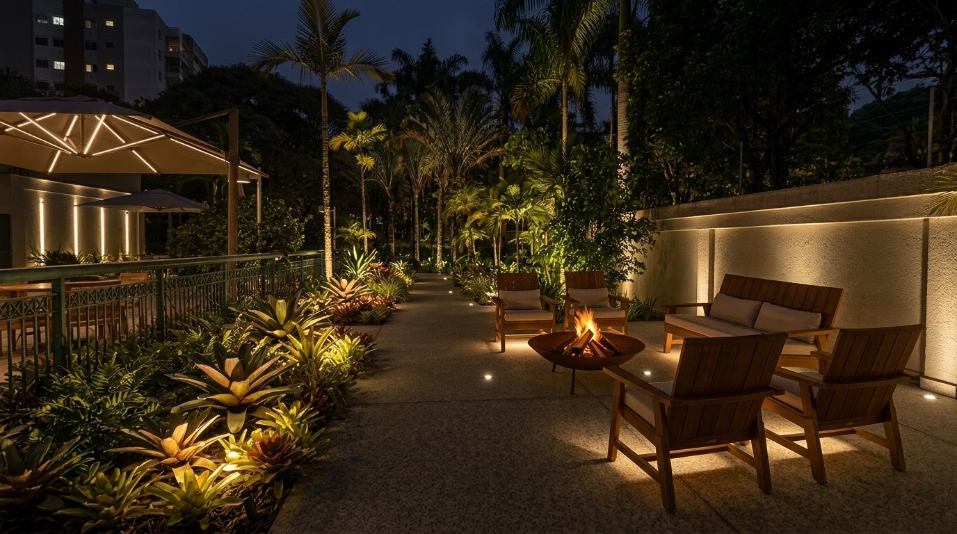 Lounge externo noturno com fire pit — projeto Dall'Ovo Magalhães