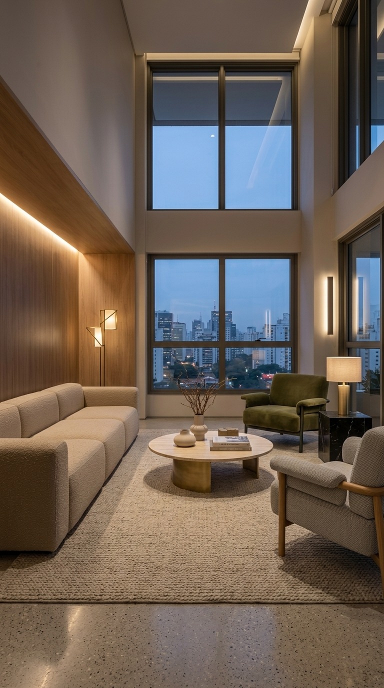 Lounge social pé-direito duplo com vista da cidade — projeto Dall'Ovo Magalhães